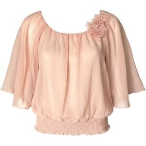 Vtg 3D‎ Flower Sheer Chiffon Overlay Coral Pearl Kimono Cape Top Womens M Y2k